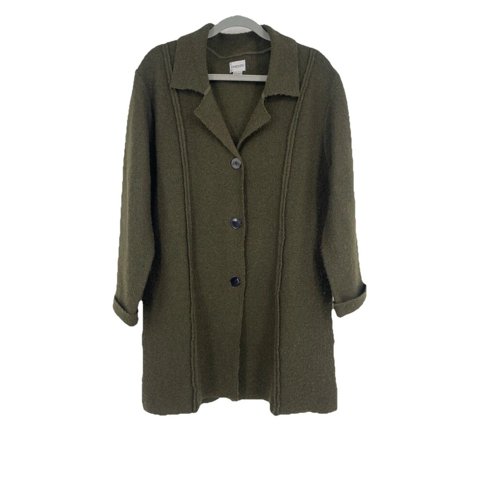 Boho Lagenlook Wool Long Artsy Chico’s Olive Green Jacket Textured Knit